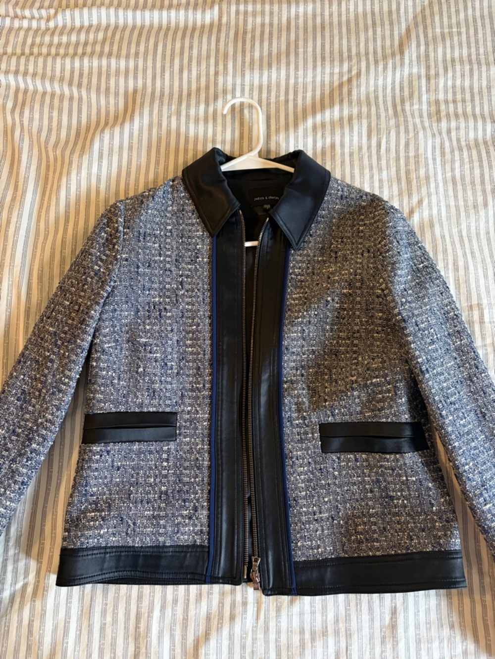 Judith & Charles Textured Blue Tweed Jacket with Black Trim